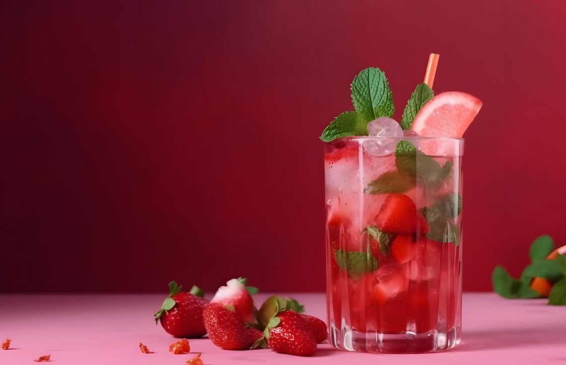 Ein Glas mit Erdbeer-Spritz und Minze